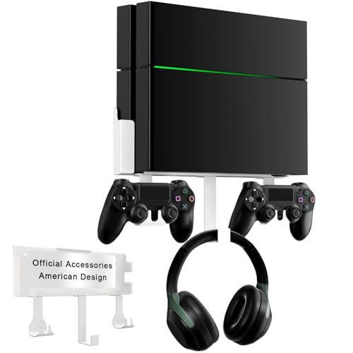 Wall Mount Kit with Detachable 2 Controller Holder & Headphone Hanger, Mount On The Wall Or On The Back Of The TV, Wall Mount Compatible with PS4, White - color: White
