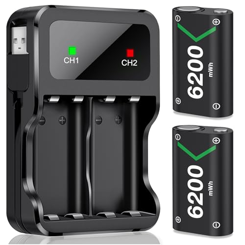 DXKK for Xbox Controller Battery Pack, 2x6200mWh Rechargeable Battery Pack for Xbox Series X|S/One/Elite Controllers – 30Hrs Playtime, Fast Charging & Overheat Protection - color: Black, size: M-2 Pack 6200mWh
