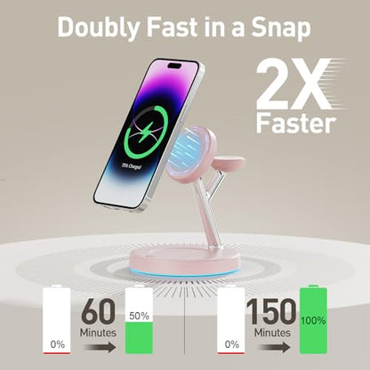【Adjustable Blue Ambient Light】 Wireless Charger 3 in 1 for iPhone, Magnetic Charging Station for Apple Family,15W Fast MagSafe Charger Stand,for iPhone17-12-iWatch AirPods Series - color: Pink