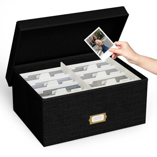 Decorative Photo Storage Box, Linen Photo Box Holds 1700 5x7 Pictures Black | Photo Storage Containers with 8 Dividers, Memory Keepsake Organizer for Photos, Scrapbook Supplies, Cards, Stamps,Archive Box - color: Black, size: 5x7 (1 Pack)