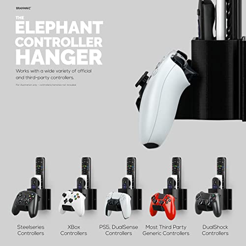 The Elephant - Game Controller & TV Remote Control Wall Mount Holder, Adhesive & Screw In, Universal Design for Xbox ONE PS5 PS4 PC Gamepads, Reduce Clutter, by Brainwavz - color: Controller and Device Wall Mount