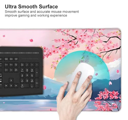 Large Mouse Pad, Desk Mat Computer Keyboard Pad Non-Slip Rubber Base Waterproof with Stitched Edges for Laptop Gaming, Office & Home 31.5 x 11.8 Inch (Cherry Blossom Mountains) - color: Cherry Blossom Mountains