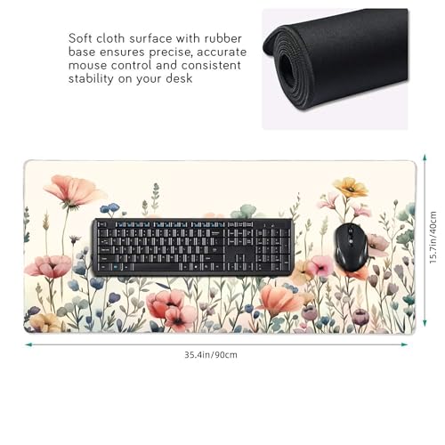 Mouse Pad, Watercolor Floral Design, XXL Gaming Desk Mat 35.4 x 15.7 Inches, Non-Slip Rubber Base, Pink and Blue - color: Floral