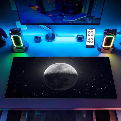 Black Moon Desk Mat, Astronomy XXL Large Gaming Mouse Pad 31.5x15.7 in | Aesthetic astronomy galaxy desk pad with 3mm dense cushion, smooth cloth top, and non-slip rubber base. - color: Moon