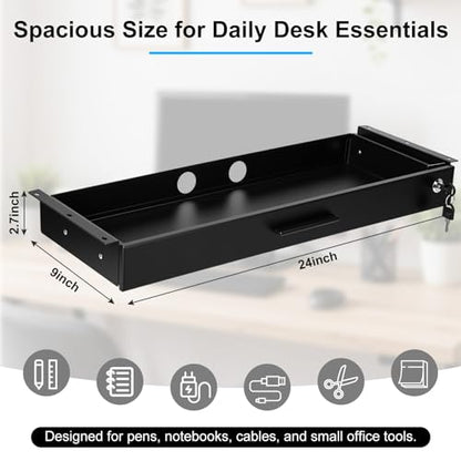 Menkxi 24'' x 9'' Under Desk Drawer Slide Out Storage Organizer, Lockable Metal Desk Drawer for Laptop and Office Accessories, Large Hidden Under Table Storage Box with Cable Management, Black - size: 24'' x 9''