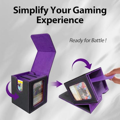 MTG Deck Box with Commander Display,Magnetic Card Storage Box Fits 100 Double Sleeved Cards,with 2 Dividers And 1 Mini Snap Card Holder Black/Violet - color: Black/Violet
