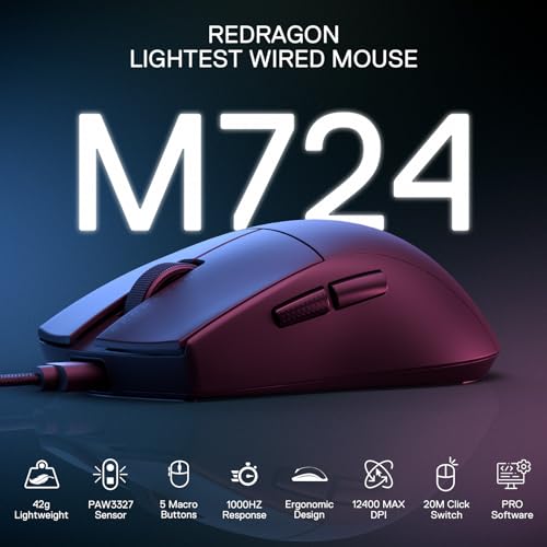 Redragon M724 Wired Gaming Mouse, 42G Ultra-Light 12,400 Max DPI Optical Gaming Mouse with 5 Programmable Buttons, Ergonomic Natural Grip Build, Software Supports DIY Keybinds & DPI, Black - color: Black-Wired, style: 1K Hz