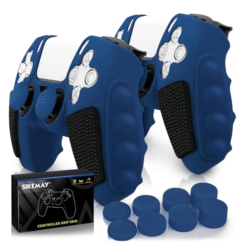 SIKEMAY Anti-Slip PS5 Controller Skin, Soft Thicken Non-Slip Studded Silicone Gel Grip Protective Cover Case for PlayStation 5 Controller Grip, 2 Pack with 8 x Thumb Grip Caps - color: Blue-Black