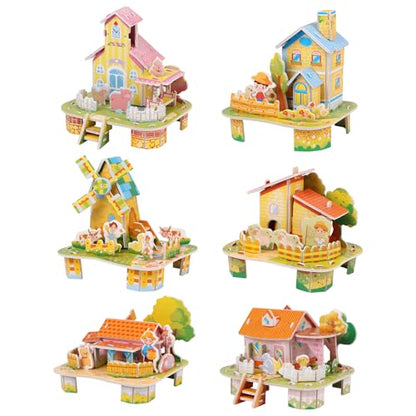 LOAVER 12 Pack 3D House Building Puzzles Kit for Kids,3D DIY Jigsaw Cartoon Paper Puzzles Toy Set for Children Gifts Hand-on Crafts School Prizes