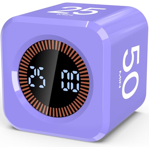 Digital Pomodoro Timer Cube 5/10/25/50min Preset, Silent & Sound Alarm | Visual Productivity Flip Timer for Kids Classroom Desk, Custom Countdown, Gravity Sensor, for ADHD Study Work Game Kitchen - color: Purple