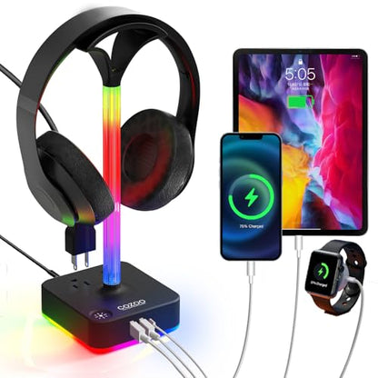 cozoo RGB Headphone Stand with Charger 3 USB Ports and 2 AC Outlets,2 USB-A 1 Type C,Desk Gaming Headset Holder with 9 Light Modes,PC Gaming Desk Accessories,Gamer Gifts,RGB Gaming Stuff Headset Stand | 9 Light Modes:7 Static & 3 RGB Dynamic Lights; 2 AC,