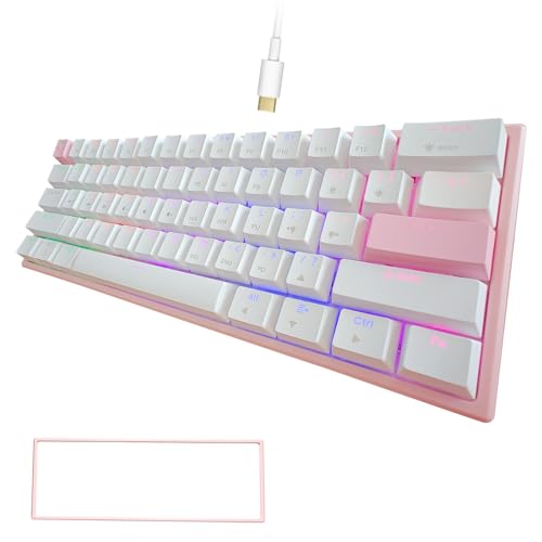 ONE-UP Portable 60% Mechanical Gaming Keyboard LED Backlit Compact 61 Keys Mini Wired Office Keyboard with Blue Switch PBT Keycaps for Windows Laptop PC Mac.（White/Pink） - color: Pink/White