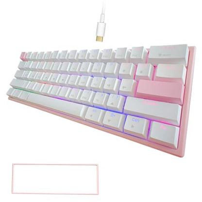 ONE-UP Portable 60% Mechanical Gaming Keyboard LED Backlit Compact 61 Keys Mini Wired Office Keyboard with Blue Switch PBT Keycaps for Windows Laptop PC Mac.（White/Pink） - color: Pink/White