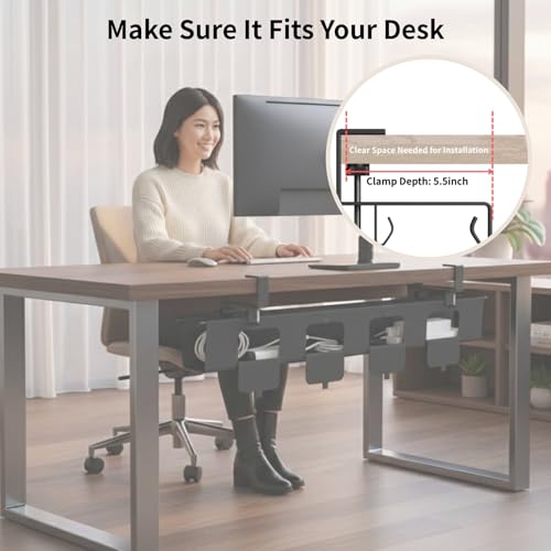 No Drill Under Desk Cable Management Tray, 47.5” Fabric Clamp Mount Cord Organizer for Table, Heavy Duty Wire Management for Office Home, Black - size: 48 inch