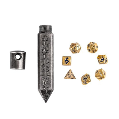 Mini Dice Set with Rune Keychain Case,7PCS Polyhedral Metal Dice Set for DND Role Playing Games(Silver/Gold Blue) - color: Silver/Gold Blue