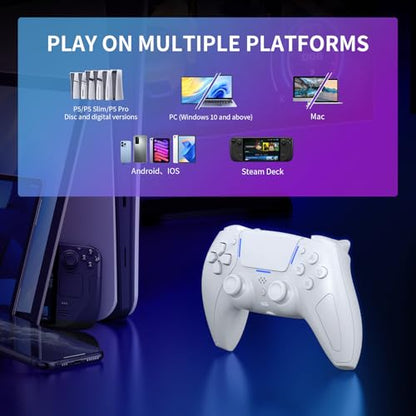 JDDWIN LED Wireless Gaming Controller for PS5/PC/Android/IOS/MAC/Steam Deck,Hall Effect, Bluetooth, 3.5mm Audio Jack, Dual Vibration, 6-Axis Motion Contro Gamepad with Speaker (White)