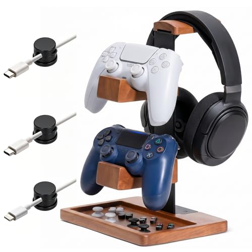 Headset Stand with Dual Controller Holder, Solid Wood Headphone Stand with Storage Base, Gaming Equipment Accessories for Desk, Controller Holder for Gamers