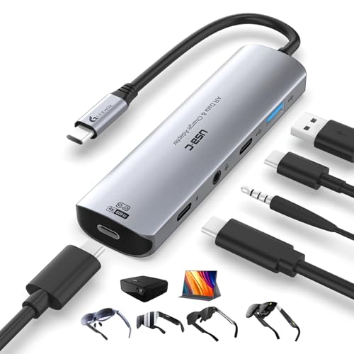 Guermok 5-in-1 USBC AR Glasses Adapter, 4K@60Hz Video Hub, 100W PD Charging | PC/ Laptop/ Handheld Gaming Hub, Switch 2/1 Dock, USBC Display Hub for AR Glasses, Portable Monitor, Type-C Display (Silver)