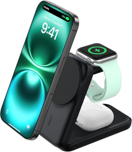 Belkin Qi2.2 25W Wireless 3 in 1 Foldable Fast Charging Station for iPhone | Fast Charigng, MagSafe Compatible, iPhone 17/16/15, Apple Watch, AirPods, Travel Charger, Magnetic - color: Black