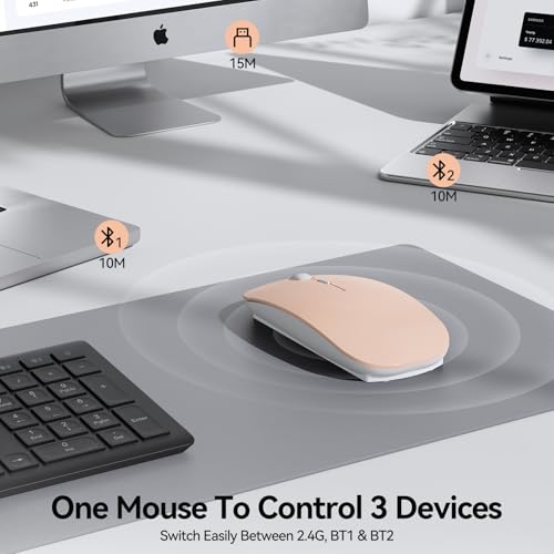 TECKNET Wireless Mouse, 4800 DPI Rechargeable Bluetooth Mouse for Laptop | Bluetooth 5.2/3.0 & 2.4G, Ultra-Thin, 6-Level Adjustable 4800 DPI Computer Mouse for Mac OS, iPad, Windows, Android - color: pink