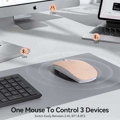 TECKNET Wireless Mouse, 4800 DPI Rechargeable Bluetooth Mouse for Laptop | Bluetooth 5.2/3.0 & 2.4G, Ultra-Thin, 6-Level Adjustable 4800 DPI Computer Mouse for Mac OS, iPad, Windows, Android - color: pink