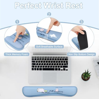 MEGREZ 4-in-1 Mouse Pad with Wrist Rest Ergonomic Memory Foam Desk Mat Set | ergonomic, anti-slip base, 4pcs set, desk pad, mouse wrist rest, keyboard rest, coaster, ideal for office & gaming - color: Haze Blue