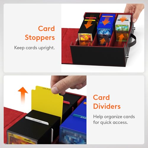 Lifewit Trading Card Storage Box with Handle, Holds Up to 1800 Sleeved Cards with 12 Adujstable Dividers & 4 Stoppers, Aluminum Closure PU Leather Case for MTG, PTCG, YGO, Sports Cards, Black& Red - color: Black&Red