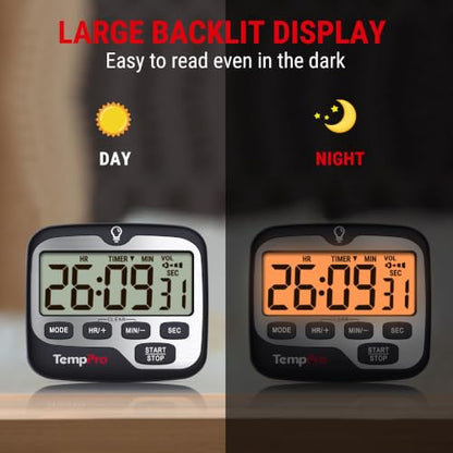 TempPro TM01 2-in-1 Kitchen Timers for Cooking with 12/24H Clock Mode | Magnetic Timer with Adjustable Alarm Volume, Digital Timer with Touch Backlight, Kids Timers for Classroom Teacher Supplies - size: Digital Timer 1 Pack