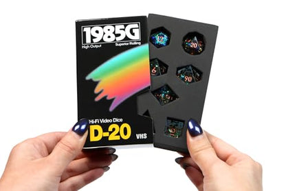 Sharp Edge DND Dice Set – Starstorm Polyhedral Dice in Retro VHS Box – 5E TTRPG Dice Set – Tabletop RPG Accessory (Set of 7) - style: Starstorm