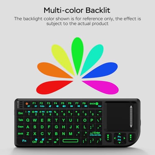 K808 Mini Keyboard with Touchpad, 2.4G + BT, with 7-Color Backlight | 600mAh rechargeable battery, laser pointer, compatible with pc/tv/htpc,and other devices, for travel,office and home use