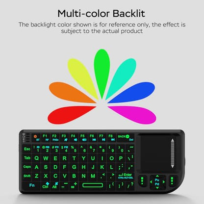 K808 Mini Keyboard with Touchpad, 2.4G + BT, with 7-Color Backlight | 600mAh rechargeable battery, laser pointer, compatible with pc/tv/htpc,and other devices, for travel,office and home use