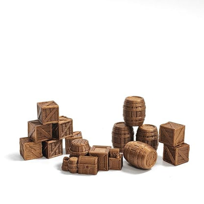 28mm 1:32 Scale Tabletop Terrain Set - 3D Printed Brown Wooden Scatter Props with Crates, Barrels, Treasure Chest & Kegs for Wargaming, RPG Diorama, Tavern & Dock Scenes (Brown)