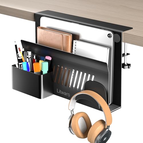 Litwaro Desk Side Storage, No Drill Laptop Holder with Magnetic Pen Holder, Clamp on Laptop Mount with Sticky Headphone Stand, Hanging Organizer for Office, Fits Flat Table Edge 0.4" to 2" (Black) - color: Black, size: 11.8"-1Tier