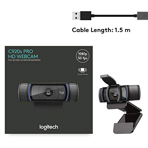 Logitech C920S HD Pro Webcam, Full HD 1080p/30fps Video Calling, Clear Stereo Audio, Light Correction, Privacy Shutter, Works with Skype, Zoom, FaceTime, Hangouts, PC/Mac/Laptop/Tablet/Xbox | Full HD 1080p/30fps Video, Dual Stereo Mics, HD Autofocus, Auto