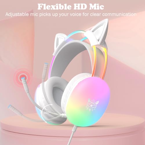 Cat Ear Gaming Headset with Microphone, RGB Rainbow Lighting, Surround Sound, 3.5mm Wired Over-Ear Headphones for PC/PS4/PS5/Switch/Laptop, Lightweight and Adjustable Headband - color: White Cat Ears