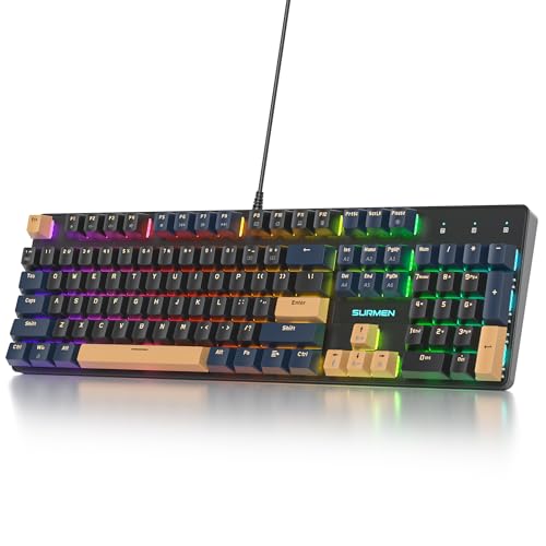 surmen Full Size Creamy Keyboard with Number Pad, 104 Keys RGB Wired Mechanical Gaming Keyboard Backlit with PBT Keycaps Linear Red Switch for Laptop Desktop PC Gamers（104 Blue Samurai B） - color: 104 Blue Samurai B
