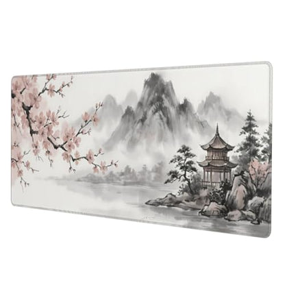 Japanese Ink Wash Landscape Extended Gaming Mouse Pad, Large Cherry Blossom Desk Mat (31.5 x 11.8 in), Non-Slip Rubber Base, Stitched Edges for Office & Gaming - color: 29