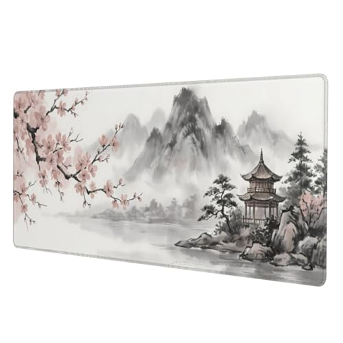 Japanese Ink Wash Landscape Extended Gaming Mouse Pad, Large Cherry Blossom Desk Mat (31.5 x 11.8 in), Non-Slip Rubber Base, Stitched Edges for Office & Gaming - color: 29