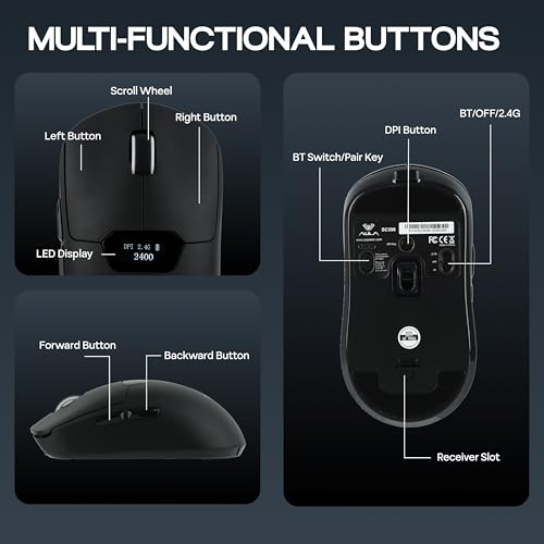 MechLands Aula SC390 Lightweight Gaming Mouse with Display Screen | 2.4G/USB-C/BT Wireless Mouse w/ 400mAh Battery, Adjustable 20,000 DPI, 1000 Polling Rate, PAW3311 Sensor, for Win/Mac (Black) - color: Black