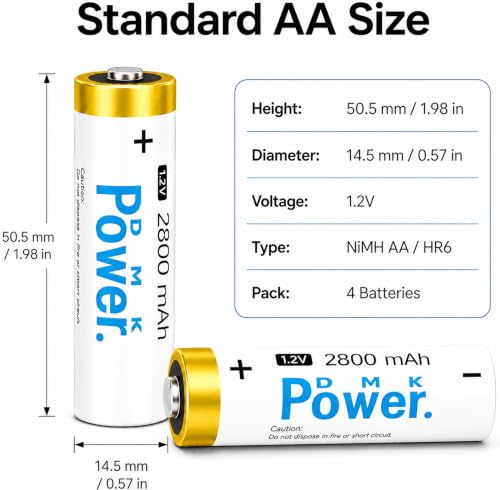 DMK POWER AA Rechargeable Batteries 2800mAh 4 Pack, 1.2V NiMH Double A Batteries, Pre-Charged Low Self Discharge, 1200 Cycle Rechargeable Battery Pack for Toys, Remotes, Flashlights, Game Controllers