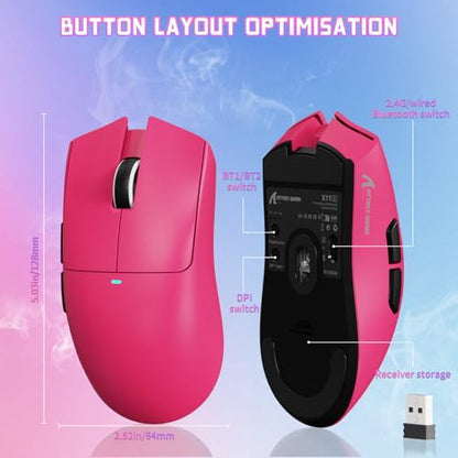 ATTACK SHARK X11SE Wireless Gaming Mouse, 59g Lightweight, Magenta | Bluetooth/2.4Ghz Wireless/Wired Connectivity, 22K DPI, PixArt PAW3311 Gaming Sensor, 1K Polling Gamer Mice for PC/Mac - color: Magenta