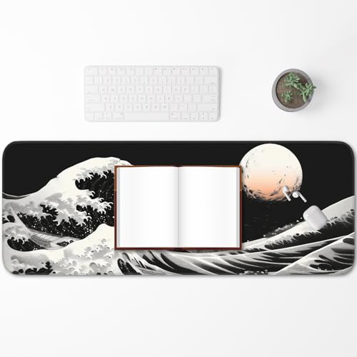 Gaming Mouse Pad, Japanese Mouse Pad, Non-Slip Rubber Base, for Laptop, Office and Home, 31.5x11.8 Inch Desktop Waterproof Desk Pad, Ocean Wave Anime Black Gaming - color: Kanagawa Kuroshio