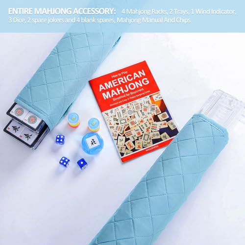American Mahjong Tile Set Complete, 166 White Tiles with Accessories, 4 Mahjong Racks with Pushers, Mahjong Set with Blue Carrying Bag for Beginners (Ma Jong, Mah-Jongg) - color: Blue