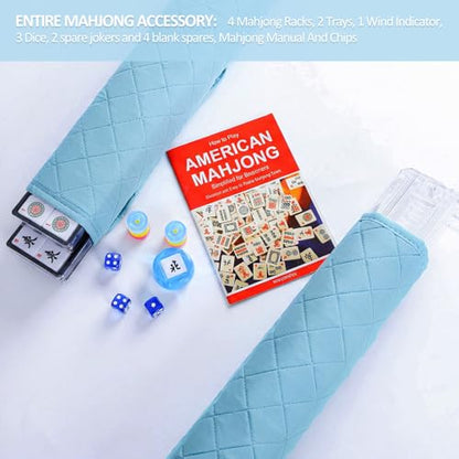 American Mahjong Tile Set Complete, 166 White Tiles with Accessories, 4 Mahjong Racks with Pushers, Mahjong Set with Blue Carrying Bag for Beginners (Ma Jong, Mah-Jongg) - color: Blue