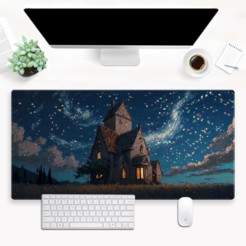Starry Night Desk Mat, Abstract Swirl Large Mouse Pad 31.5x15.7 in | 31.5x15.7 In - color: Anime Art Scenery3
