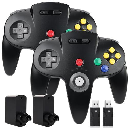 2 Pack Wireless N64 Controller Made for Switch 1 & 2, N64 Console, Black | (Built-in Vibration) (Rechargeable) (3D Analog Stick), 2.4 GHz USB & N64 Receiver Made for Switch Online, Windows PC, macOS - color: Black / Black