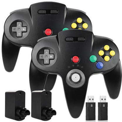 2 Pack Wireless N64 Controller Made for Switch 1 & 2, N64 Console, Black | (Built-in Vibration) (Rechargeable) (3D Analog Stick), 2.4 GHz USB & N64 Receiver Made for Switch Online, Windows PC, macOS - color: Black / Black