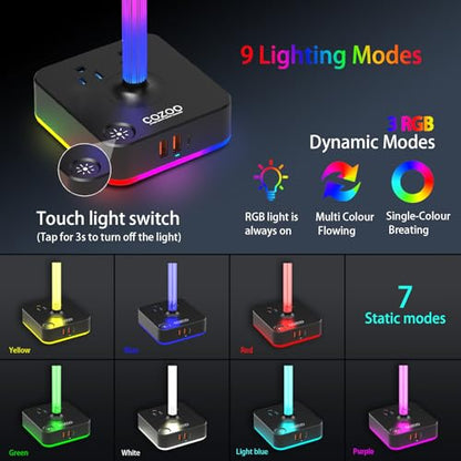 cozoo RGB Headphone Stand with Charger 3 USB Ports and 2 AC Outlets,2 USB-A 1 Type C,Desk Gaming Headset Holder with 9 Light Modes,PC Gaming Desk Accessories,Gamer Gifts,RGB Gaming Stuff Headset Stand | 9 Light Modes:7 Static & 3 RGB Dynamic Lights; 2 AC,