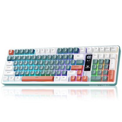 Aula S99pro V2 Full Size Gaming Keyboard,Wireless Creamy Membrane Keyboard | Tri-Mode Bluetooth/2.4GHz/USB-C,16.8mil RGB Backlit,Media Digital Screen,4000mAh Computer Wireless Keyboard with Number Pad - color: White & Green & Red