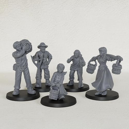 Fantasy TTRPG Village Life Scenery, 25mm Scale Unpainted Resin Civilian NPCs for Tabletop RPG Game, Townsfolk Commoner Miniatures 5pc Set - 1:64 Scale RPG Accessory, Villager NPC AS972